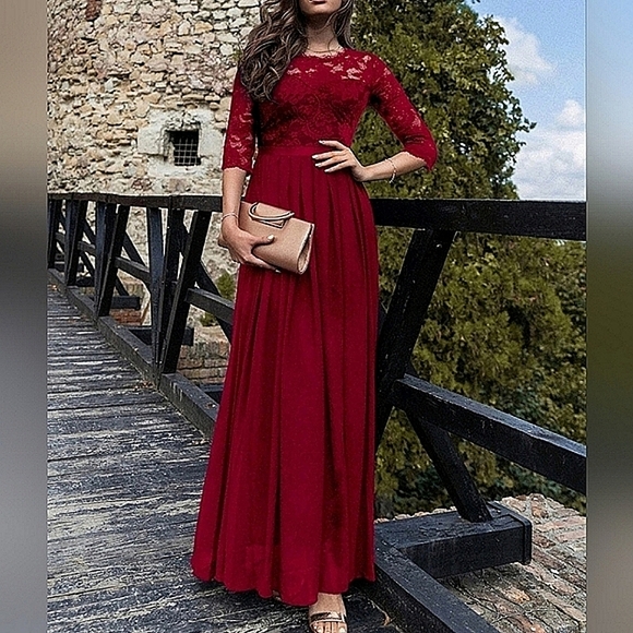 New Chic Lace Top Pleated Maxi Dress Gown Burgundy Red - Picture 2 of 12